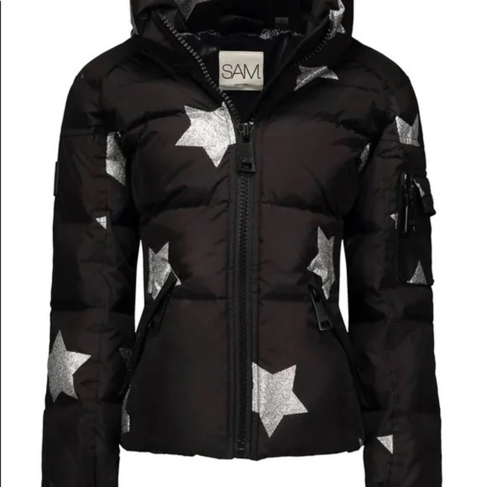 SAM. Girls freestyle puffer jacket. Black with silver stars. Size 12